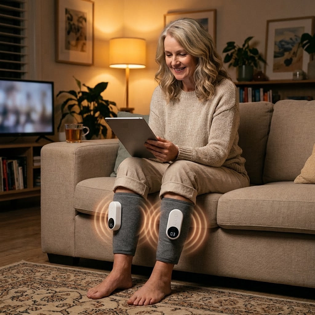 Amblewell CalfWave — On the couch, tablet in hand, the CalfWave doing the work
