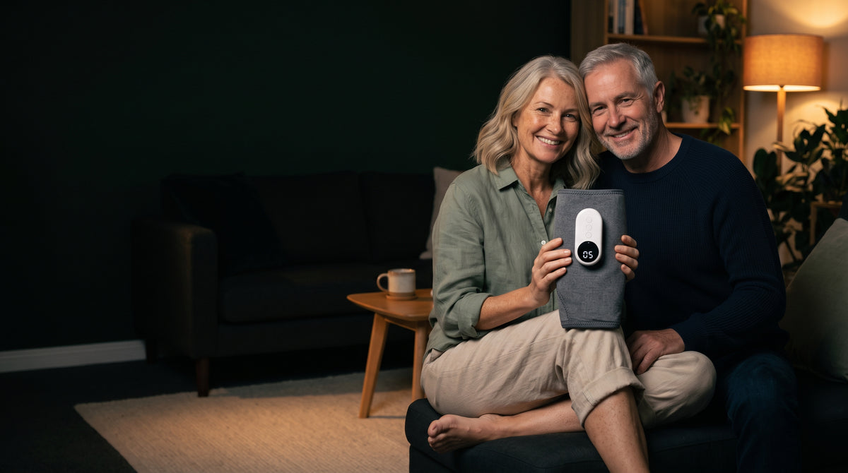 Amblewell CalfWave — A couple on the couch with the CalfWave
